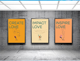 A concrete wall with three posters about "LOVE"