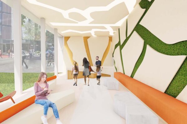 A rendering of a modern waiting area or lobby with distinctive architectural features, including organic shapes on the ceiling and wall panels, a mix of white and orange seating, and a green, moss-like texture on one wall.