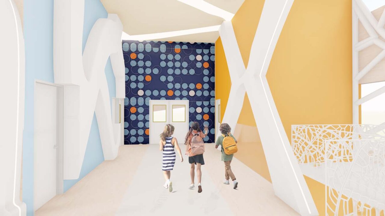 A colorful, modern architectural rendering of an interior space, possibly a school hallway or a children's activity center, with three children walking away from the viewer.