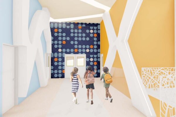 A colorful, modern architectural rendering of an interior space, possibly a school hallway or a children's activity center, with three children walking away from the viewer.