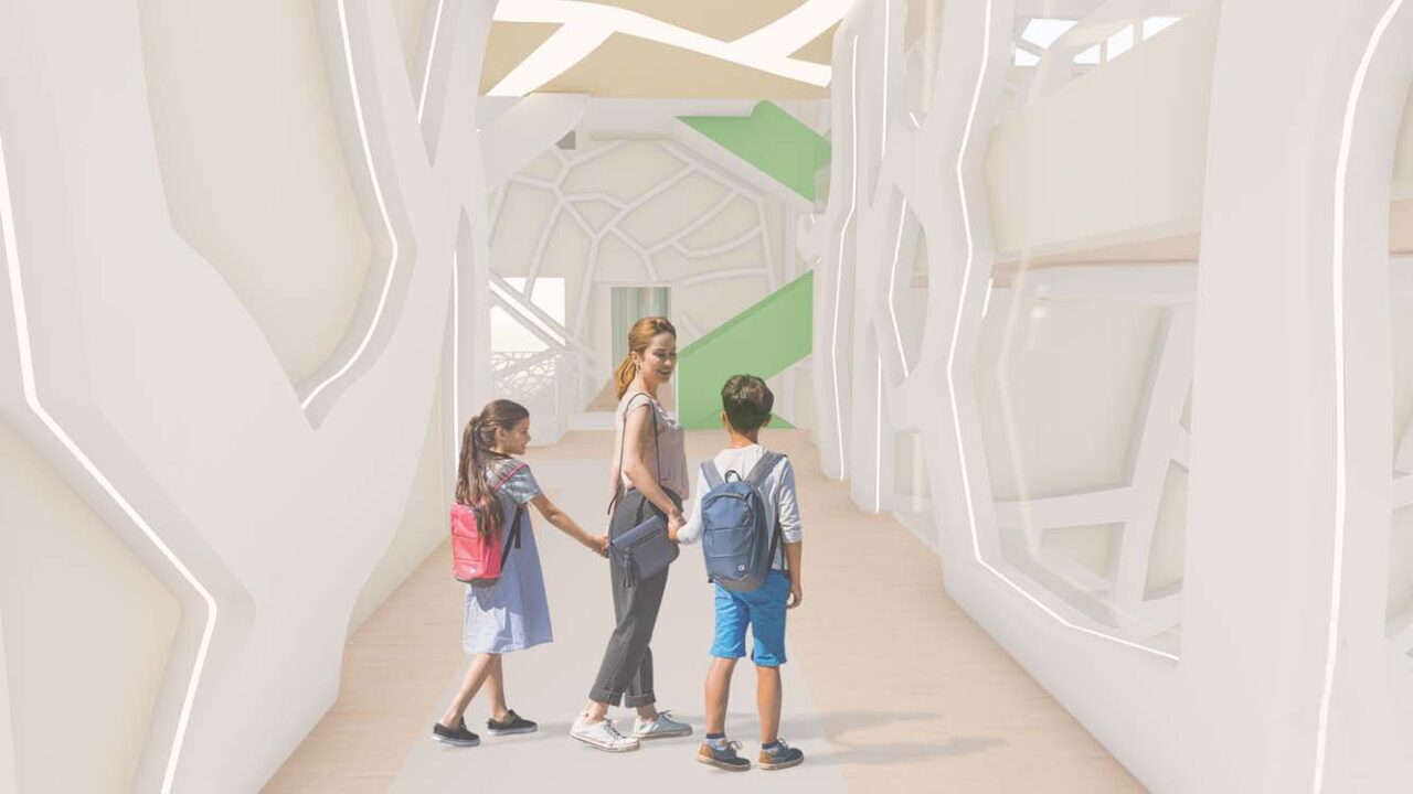 A rendering of a modern, abstractly designed hallway with white, curved walls and integrated lighting, as well as green and tan geometric shapes.
