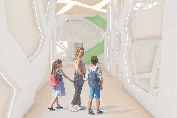 A rendering of a modern, abstractly designed hallway with white, curved walls and integrated lighting, as well as green and tan geometric shapes.