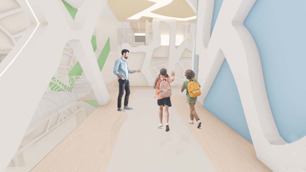 A rendering of a modern, abstractly designed hallway with white, curved wall-portions and integrated lighting, as well as green and blue geometric shapes.