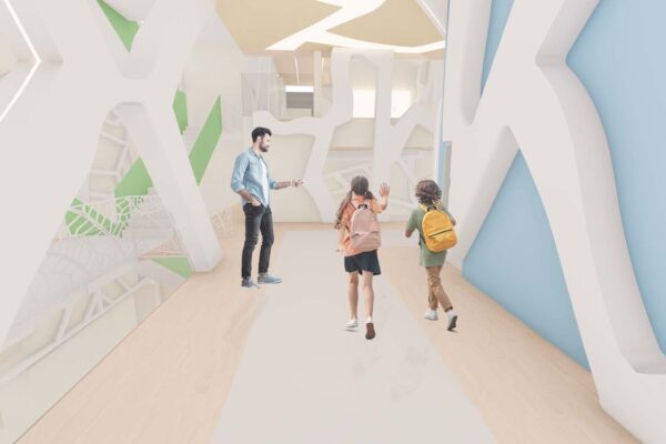 A rendering of a modern, abstractly designed hallway with white, curved wall-portions and integrated lighting, as well as green and blue geometric shapes.