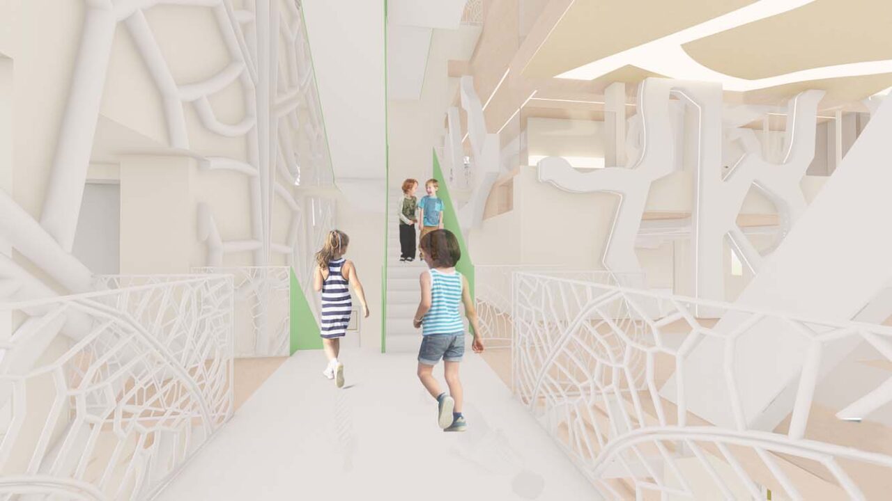 A conceptual architectural rendering for an interior space.