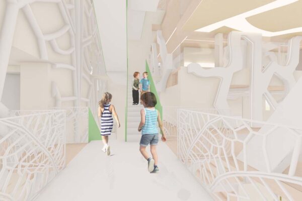 A conceptual architectural rendering for an interior space.