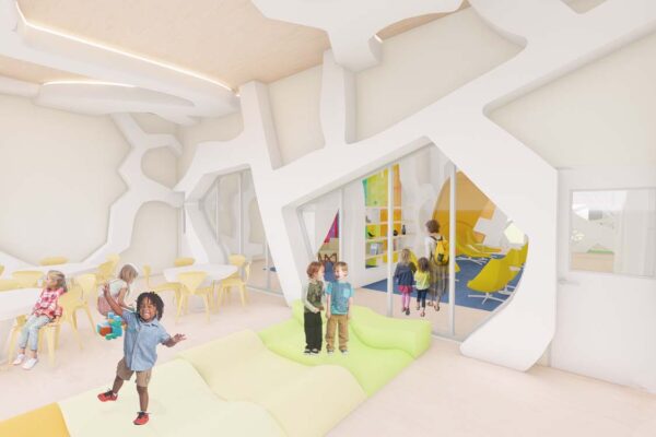 A rendering of a children's playroom or educational space, with a modern, minimalist aesthetic with organic, flowing shapes used for walls and structures.