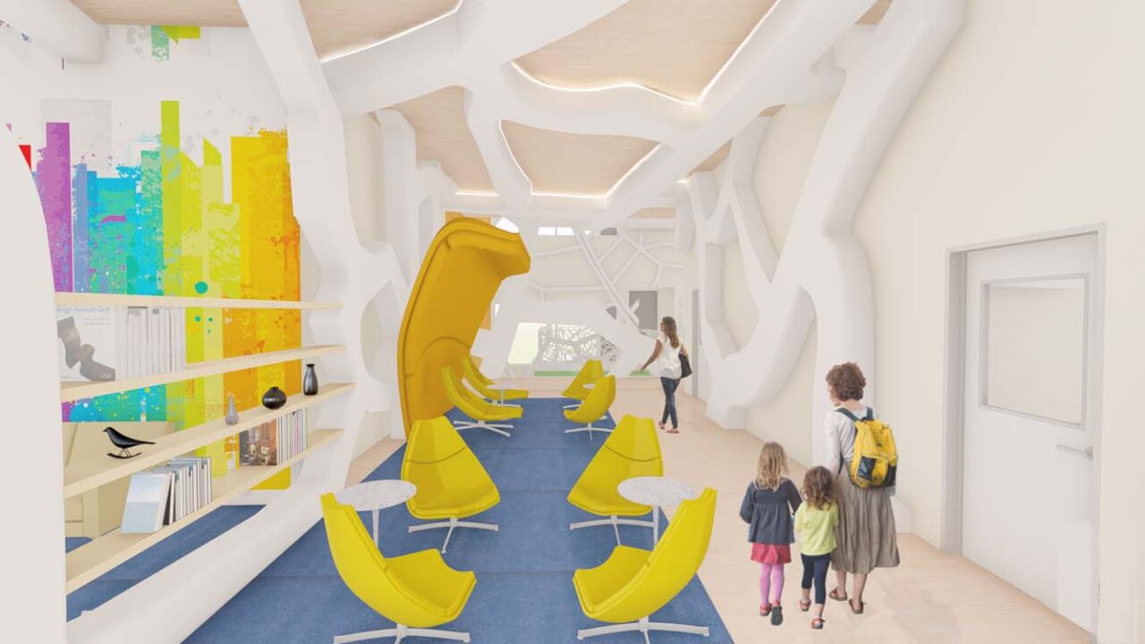 A rendering of a library or community space, featuring a bright, open space with a playful, modern aesthetic.