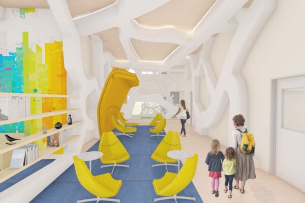 A rendering of a library or community space, featuring a bright, open space with a playful, modern aesthetic.