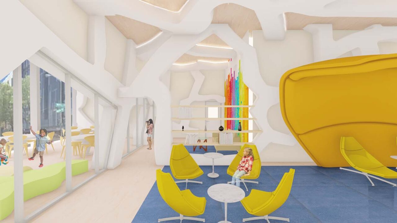 A rendering of a library or community space, featuring a bright, open space with a playful, modern aesthetic.