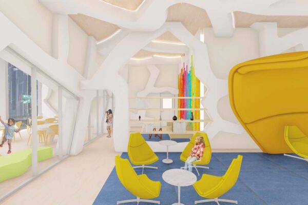 A rendering of a library or community space, featuring a bright, open space with a playful, modern aesthetic.