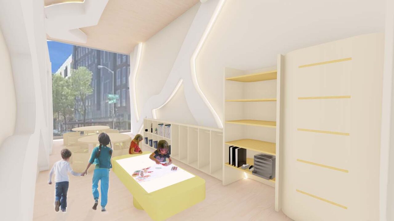 A rendering of a kids center with a central double-height courtyard gathering space and a large storefront window. The space incorporates custom elements like storage cubbies built into a thickened wall.