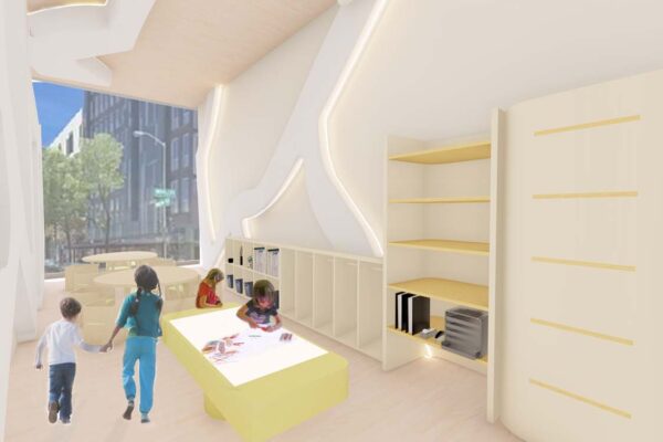 A rendering of a kids center with a central double-height courtyard gathering space and a large storefront window. The space incorporates custom elements like storage cubbies built into a thickened wall.