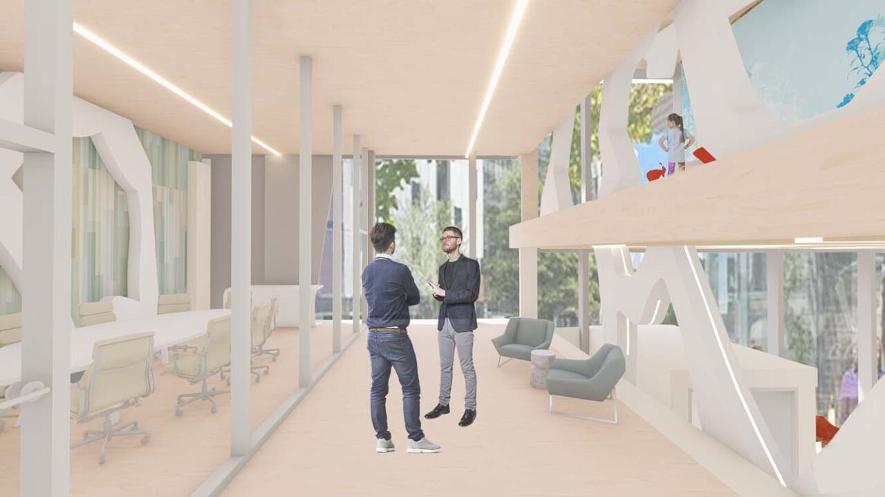 A rendering of an open and airy interior space.