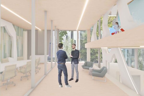 A rendering of an open and airy interior space.