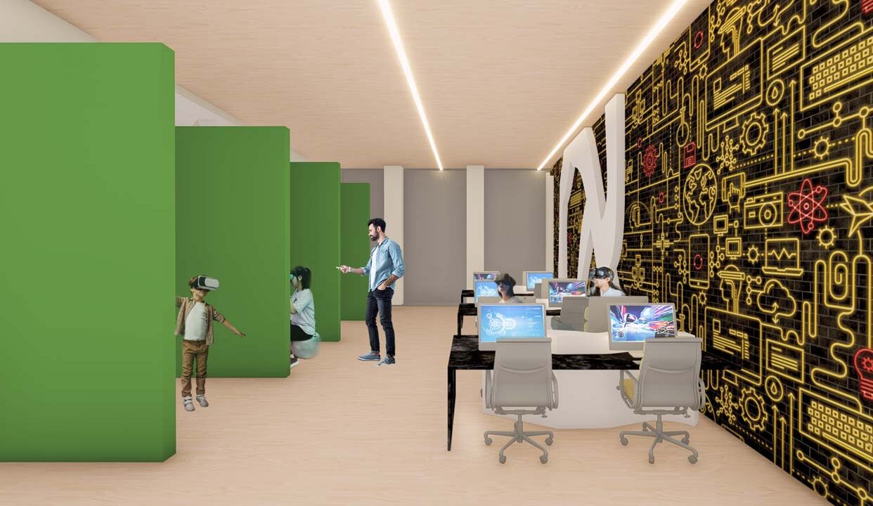 An interior design rendering, likely for a virtual reality (VR) lab or a similar technology-focused workspace, featuring distinct areas for immersive VR experiences and computer-based work. A large, vibrant graphic on the right wall depicts circuit board motifs.