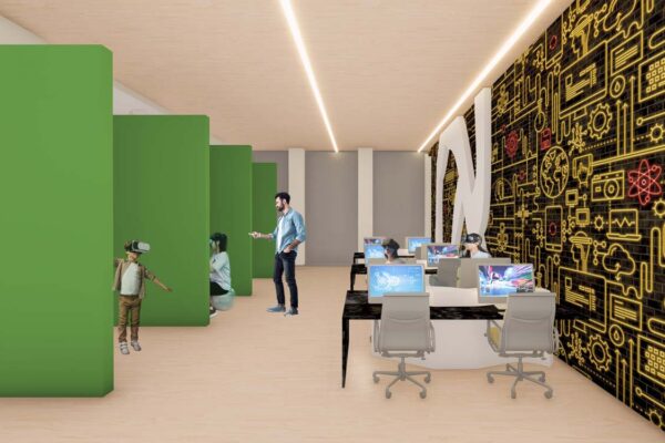 An interior design rendering, likely for a virtual reality (VR) lab or a similar technology-focused workspace, featuring distinct areas for immersive VR experiences and computer-based work. A large, vibrant graphic on the right wall depicts circuit board motifs.