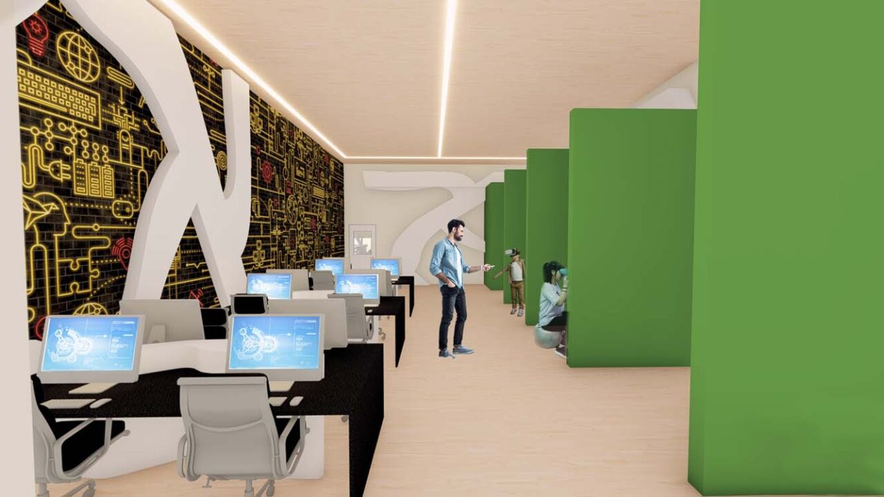 An interior design rendering, likely for a virtual reality (VR) lab or a similar technology-focused workspace, featuring distinct areas for immersive VR experiences and computer-based work. A large, vibrant graphic on the left wall depicts circuit board motifs.