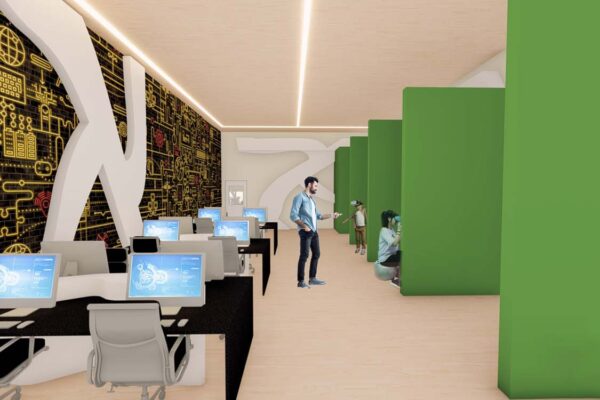 An interior design rendering, likely for a virtual reality (VR) lab or a similar technology-focused workspace, featuring distinct areas for immersive VR experiences and computer-based work. A large, vibrant graphic on the left wall depicts circuit board motifs.