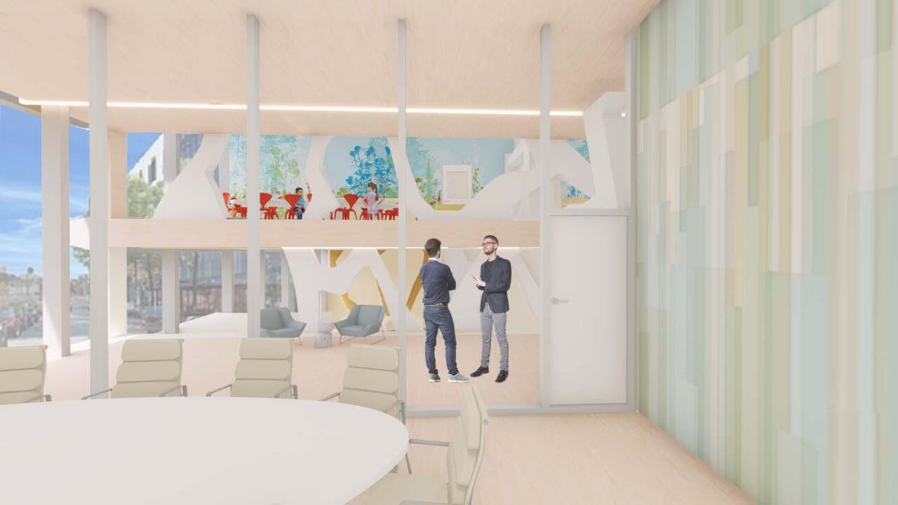 An architectural rendering of a modern interior space, possibly a waiting area or communal space in a public building like a museum, university, or hospital. The design features large windows, exposed light-wood ceilings, and a colorful mural.