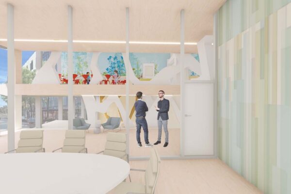 An architectural rendering of a modern interior space, possibly a waiting area or communal space in a public building like a museum, university, or hospital. The design features large windows, exposed light-wood ceilings, and a colorful mural.
