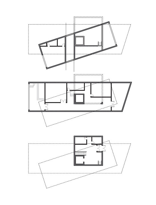 Three drawings of floor plans of a structure