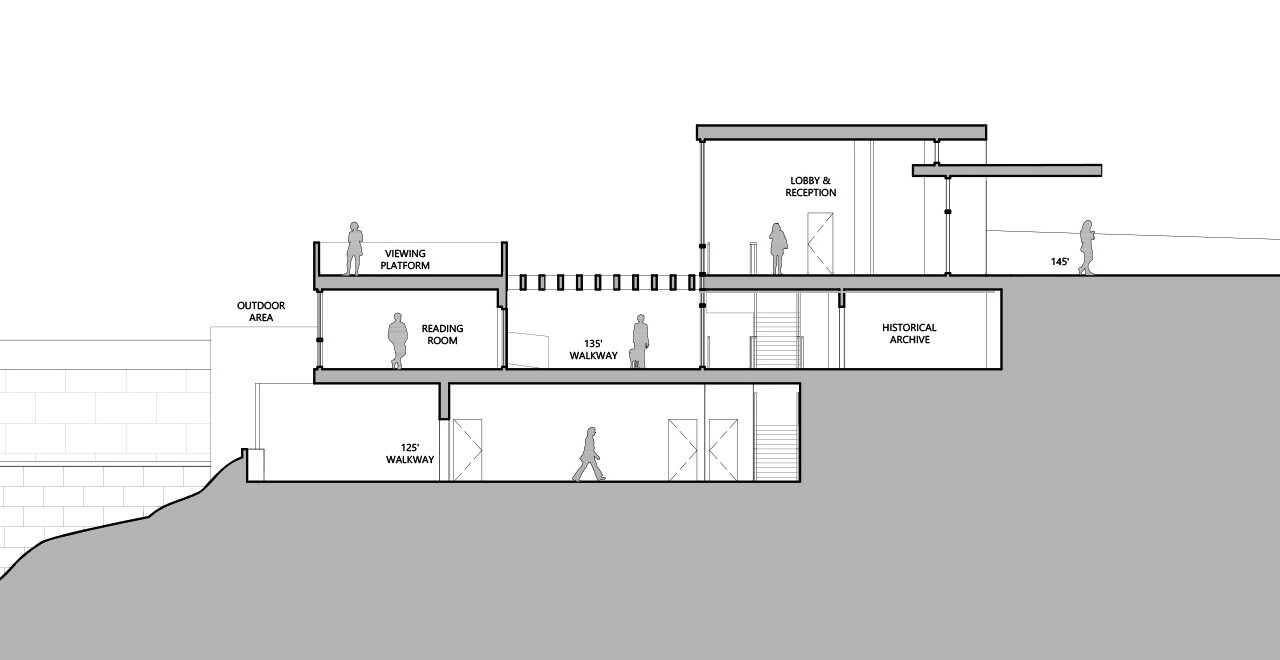 Cross section view of a building build into a hill side, sketched.