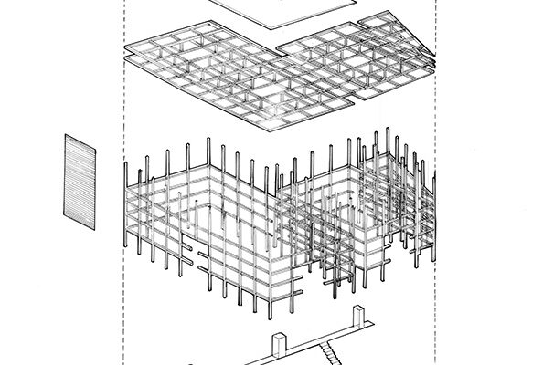Exploded sketched view in several layers of an architectural structure