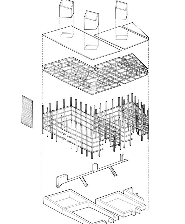 Exploded sketched view in several layers of an architectural structure
