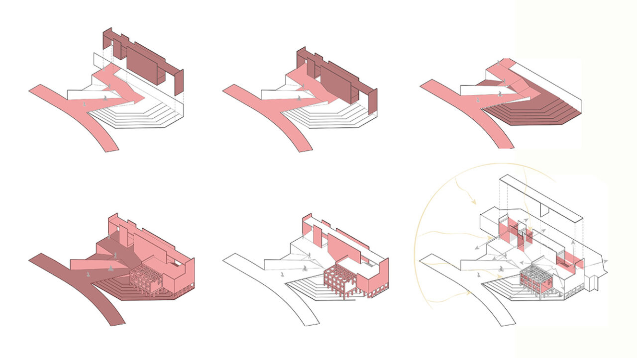 Six images each detailing a different feature of a structure.