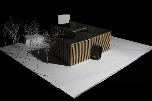 A photo of an architectural model of a modern structure
