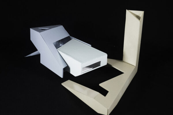 A photo of an architectural model of a modern structure