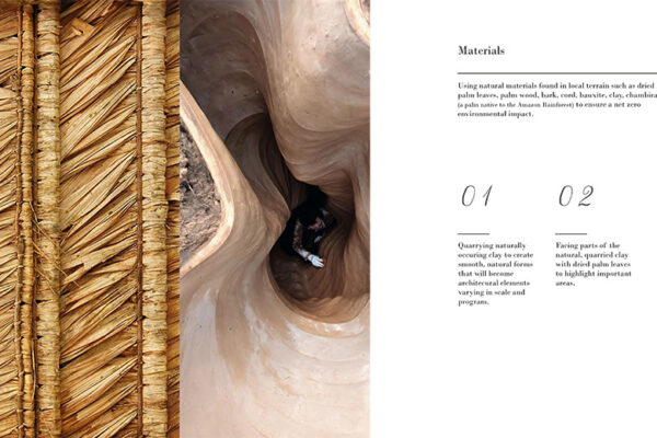 Image and text that describes the use of natural, local materials in architectural design.