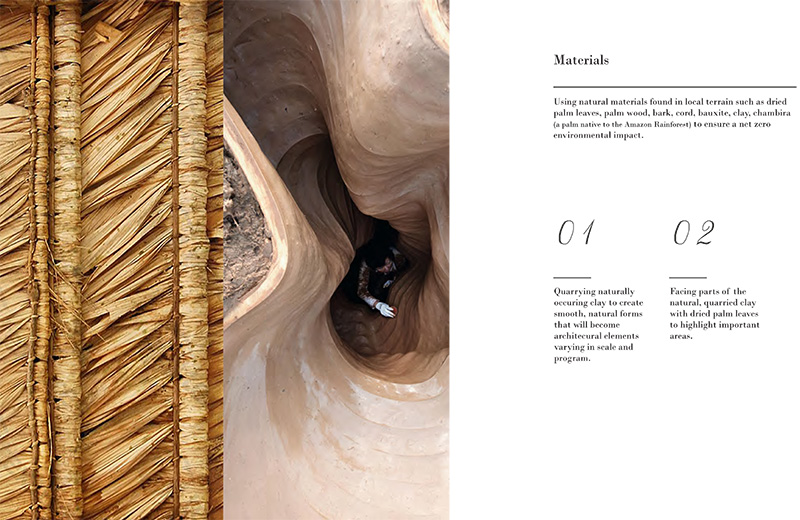 Image and text that describes the use of natural, local materials in architectural design.