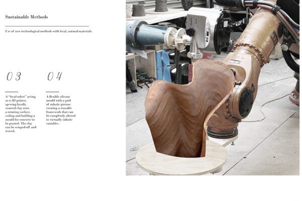 Image and text describe sustainable methods in design and manufacturing, focusing on using technology with natural materials to create reusable molds and frameworks.