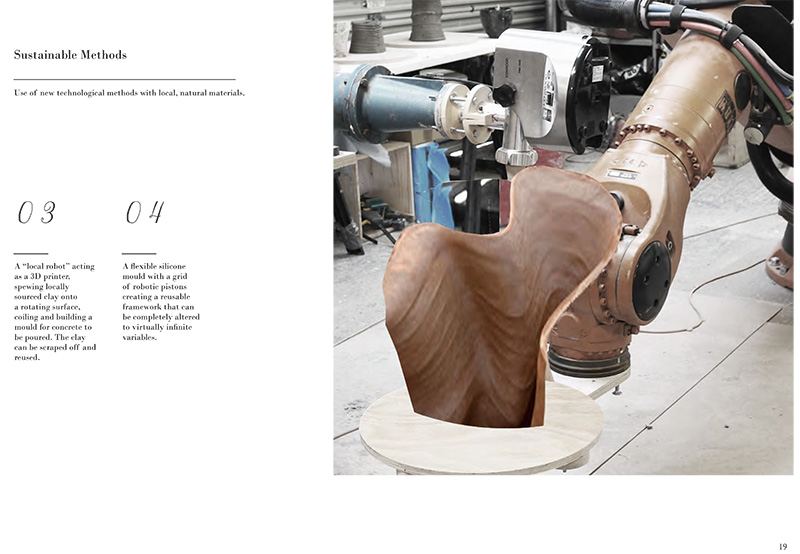 Image and text describe sustainable methods in design and manufacturing, focusing on using technology with natural materials to create reusable molds and frameworks.