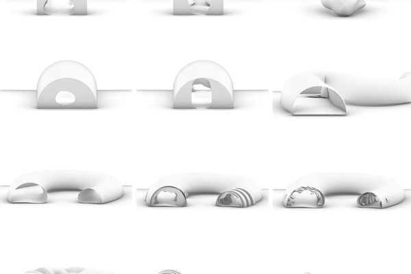 Nine greyscale images showing the use of arcs, tunnels, and circles in architectural design.