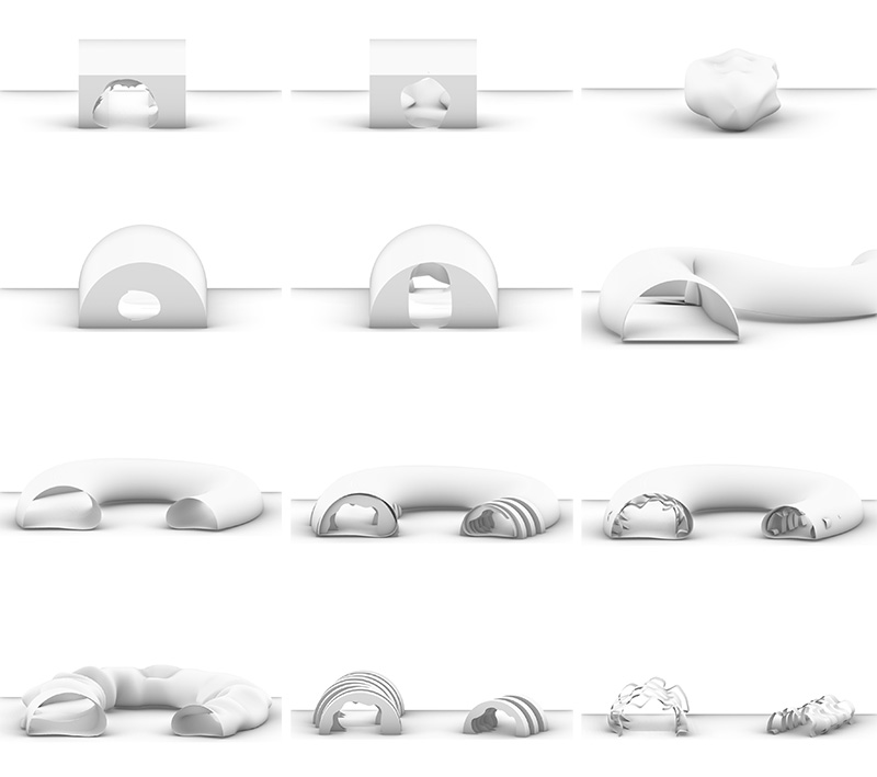 Nine greyscale images showing the use of arcs, tunnels, and circles in architectural design.