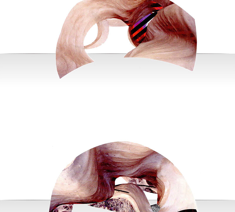 An abstract artwork, possibly a collage or mixed media piece. The image features two distinct abstract forms, one above the other, with a white background. The forms use organic, flowing shapes and textures that resemble folded fabric, skin, or natural rock formations.