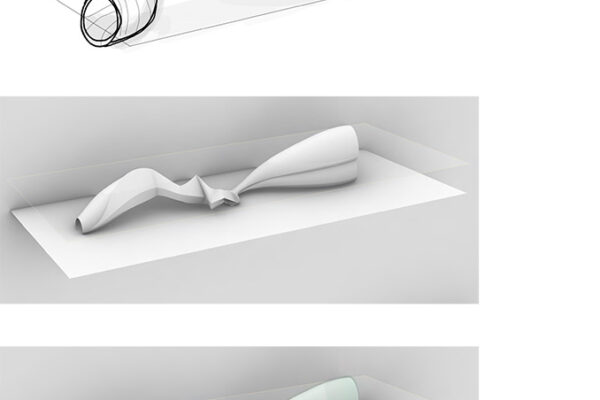 Three design images: a wireframe drawing showing the general form and structure, and two renderings showing how the form might look with different finishes or materials.