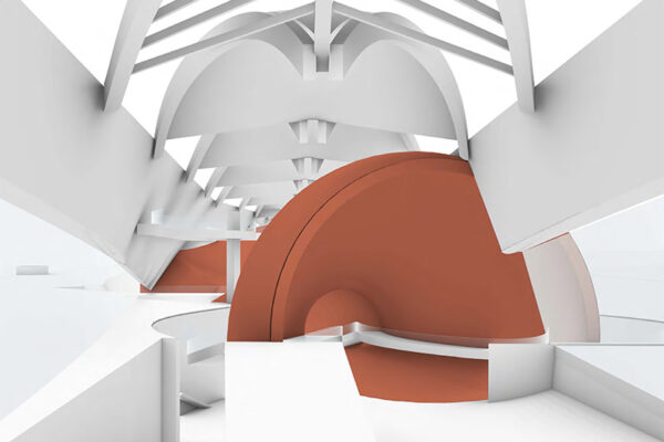 A rendering of an architectural interior design concept or model. The image showcases an abstract, minimalist space with stark white structural elements and a contrasting, large, terracotta-colored spherical or domed object.