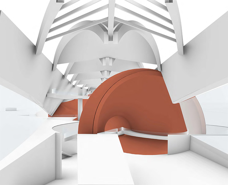 A rendering of an architectural interior design concept or model. The image showcases an abstract, minimalist space with stark white structural elements and a contrasting, large, terracotta-colored spherical or domed object.