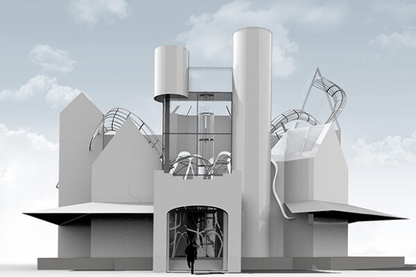 A rendering of an abstract architectural model or conceptual project that features multiple white geometric forms, including a prominent central cylindrical tower and a glass elevator shaft.