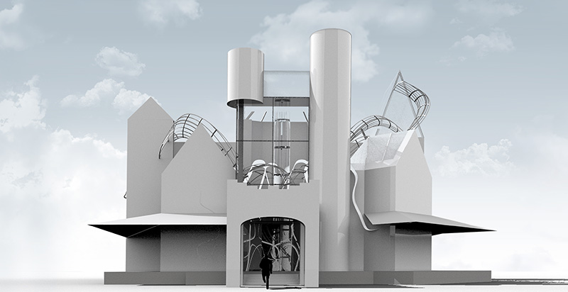 A rendering of an abstract architectural model or conceptual project that features multiple white geometric forms, including a prominent central cylindrical tower and a glass elevator shaft.