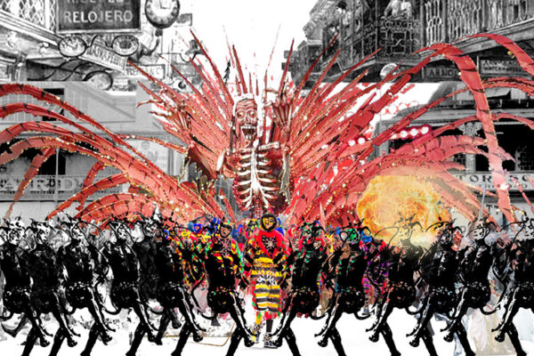 An artistic image showing a festival of vibrant music, dance, and elaborate masquerade.