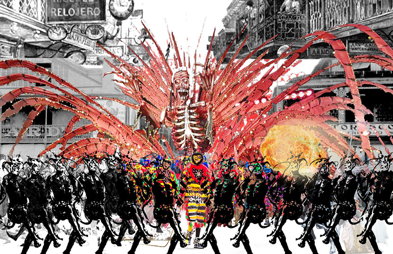 An artistic image showing a festival of vibrant music, dance, and elaborate masquerade.