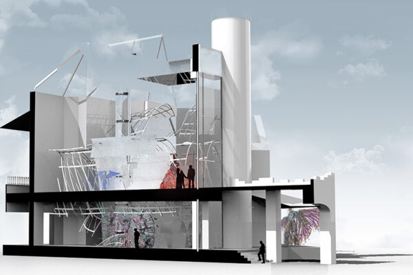 An architectural drawing of a building that explores complex internal spaces and structural forms.