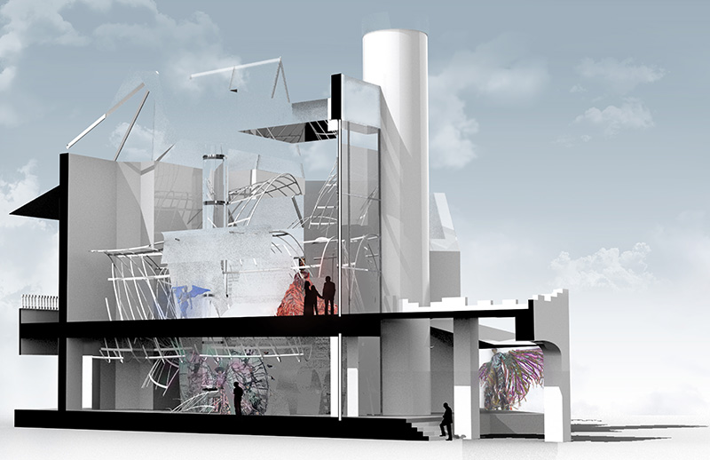 An architectural drawing of a building that explores complex internal spaces and structural forms.