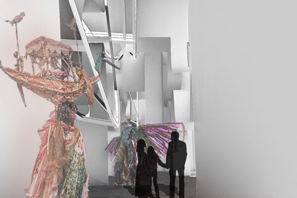 A concept illustration of an art exhibition or gallery space. The image displays a large, elaborate sculpture featuring a figure with an ornate headdress and flowing drapery, with smaller figures in the background.