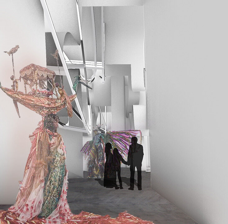 A concept illustration of an art exhibition or gallery space. The image displays a large, elaborate sculpture featuring a figure with an ornate headdress and flowing drapery, with smaller figures in the background.